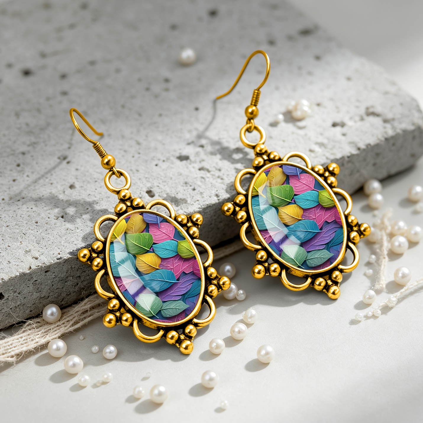 Colorful Leaf-Patterned Oval Earrings, Unisex Gift